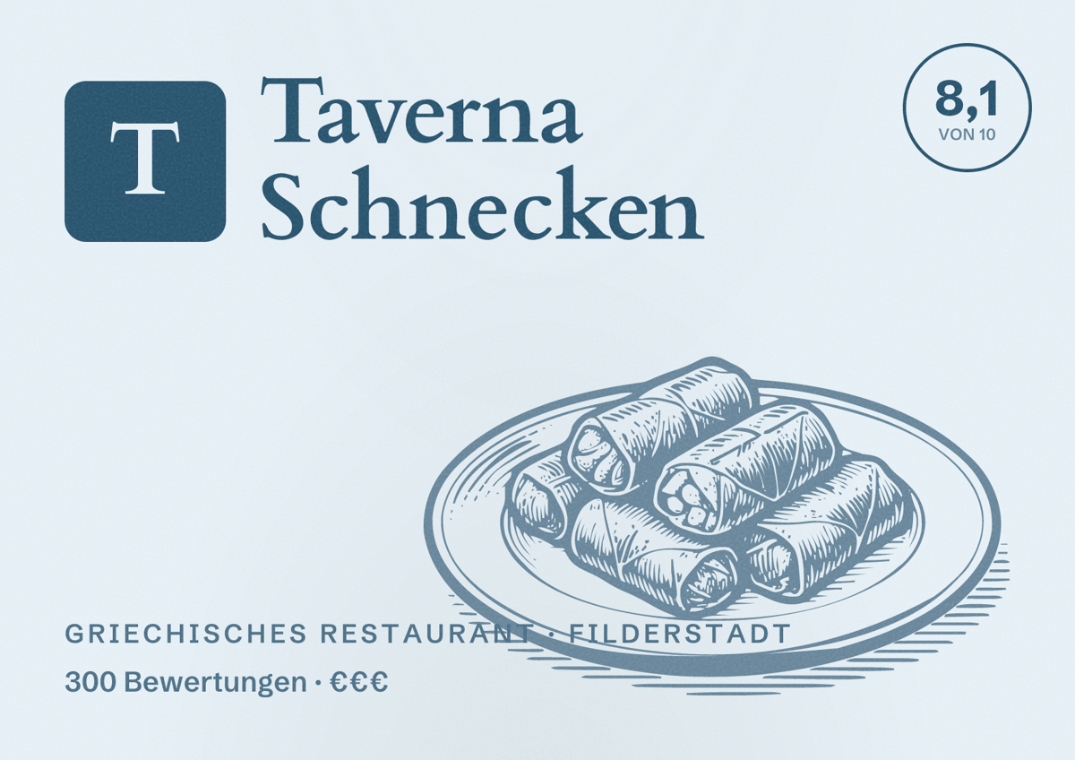 Illustriertes Poster von Taverna Schnecken, Griechisches Restaurant in Filderstadt: Bewertung 8,1 von 10 aus 300 Bewertungen, Preisniveau €€€
