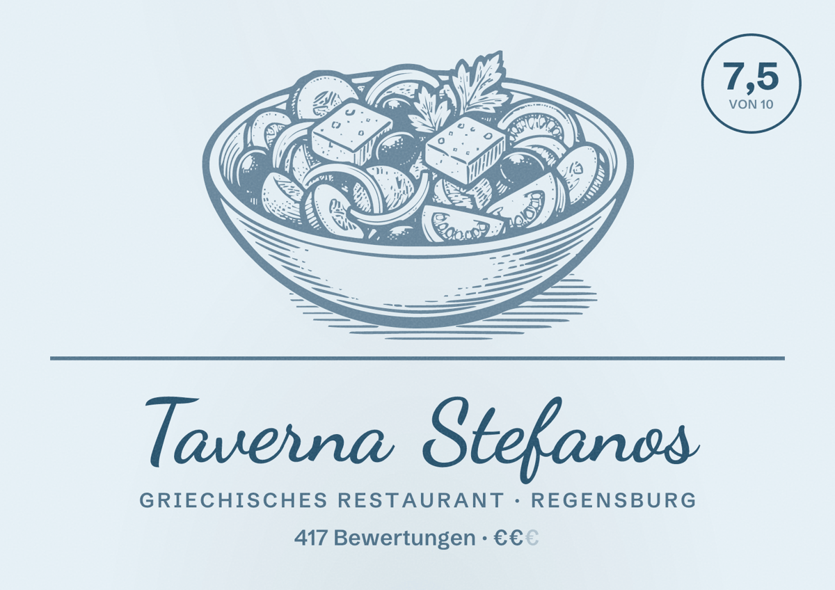 Illustriertes Poster von Taverna Stefanos, Griechisches Restaurant in Regensburg: Gästebewertung 7,5 von 10 aus 417 Bewertungen