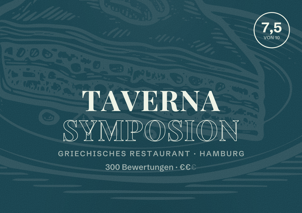 Illustriertes Poster von Taverna Symposion, Griechisches Restaurant in Hamburg: Bewertung 7,5 von 10 aus 300 Bewertungen, Preisniveau €€