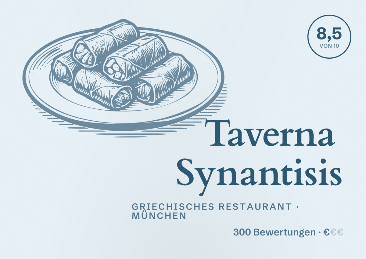 Illustriertes Poster von Taverna Synantisis, Griechisches Restaurant in München: Bewertung 8,5 von 10 aus 300 Bewertungen, Preisniveau €