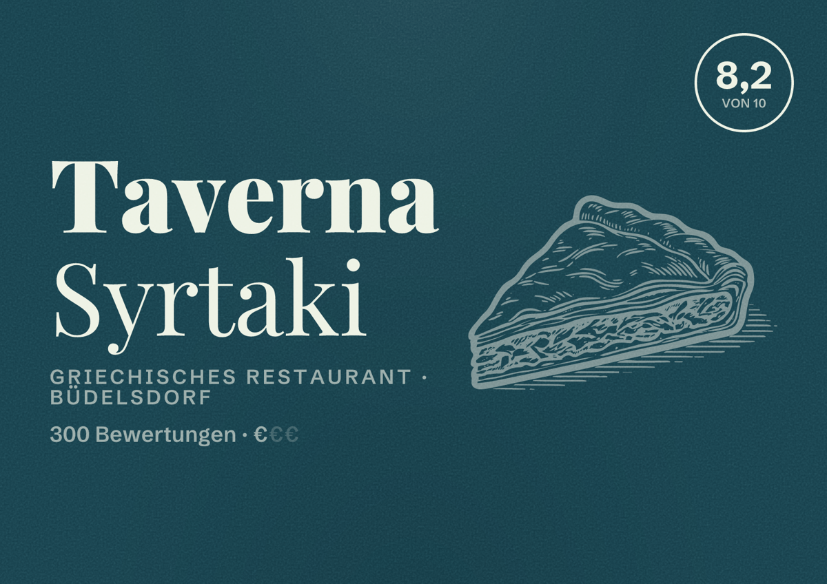 Illustriertes Poster von Taverna Syrtaki, Griechisches Restaurant in Büdelsdorf: Bewertung 8,2 von 10 aus 300 Bewertungen, Preisniveau €