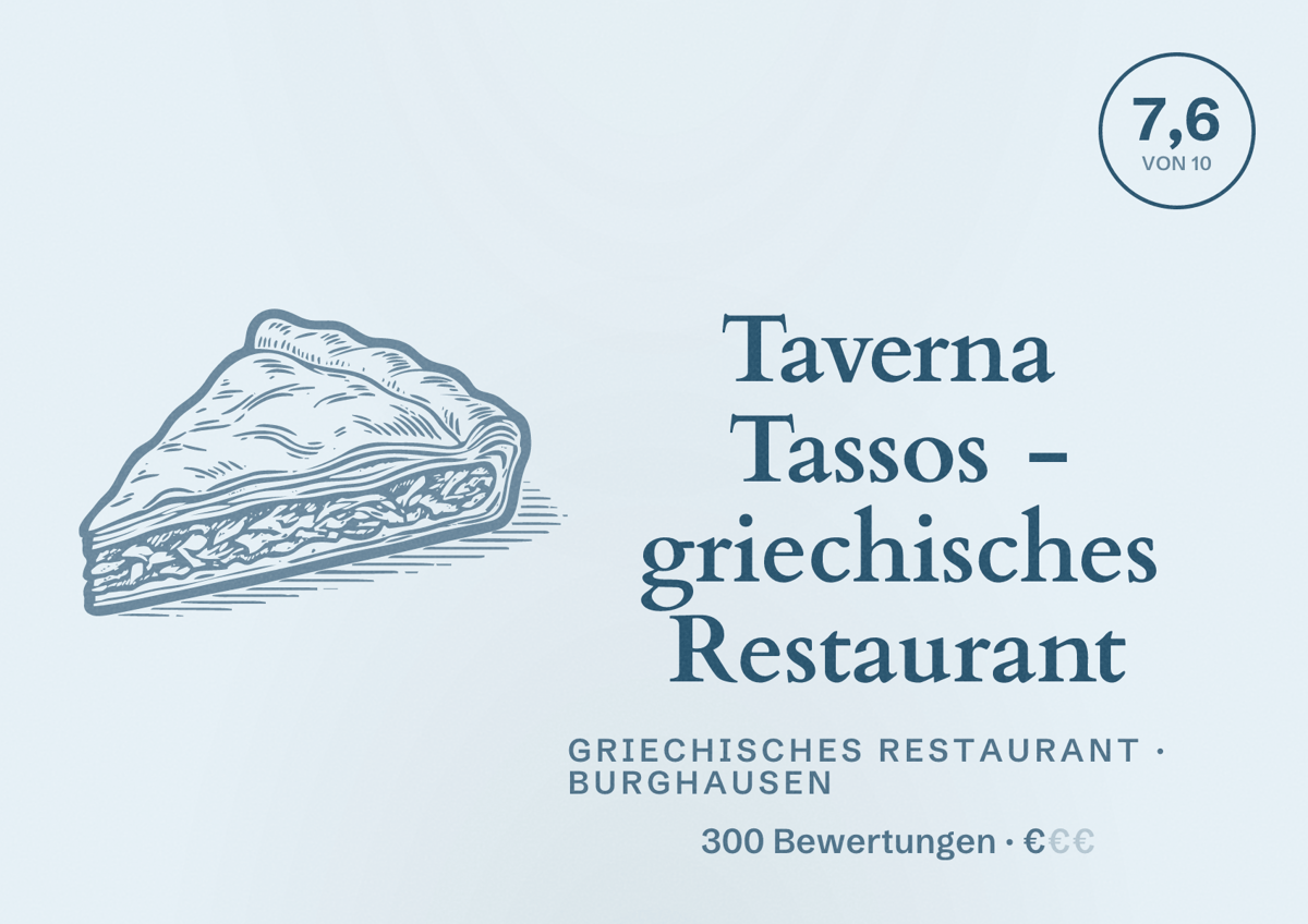 Illustriertes Poster von Taverna Tassos - griechisches Restaurant, Griechisches Restaurant in Burghausen: Bewertung 7,6 von 10 aus 300 Bewertungen, Preisniveau €