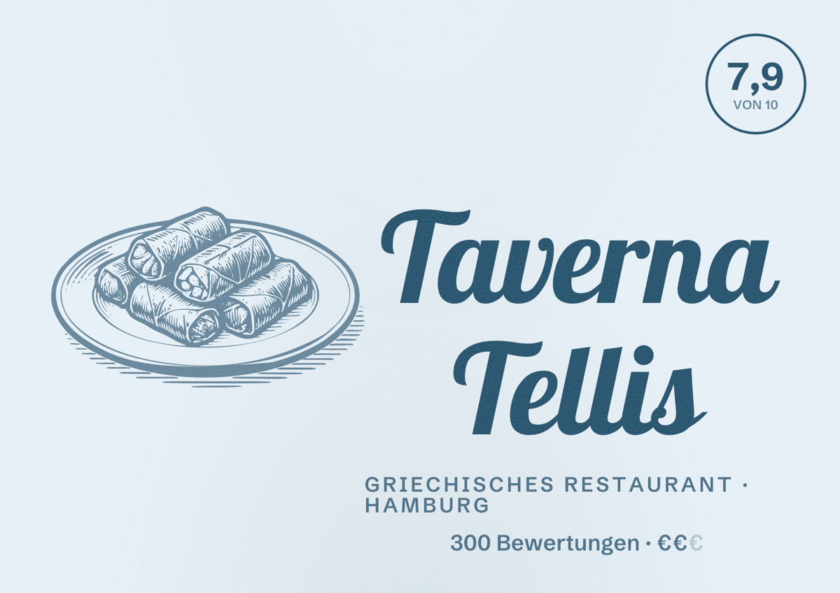 Illustriertes Poster von Taverna Tellis, Griechisches Restaurant in Hamburg: Bewertung 7,9 von 10 aus 300 Bewertungen, Preisniveau €€