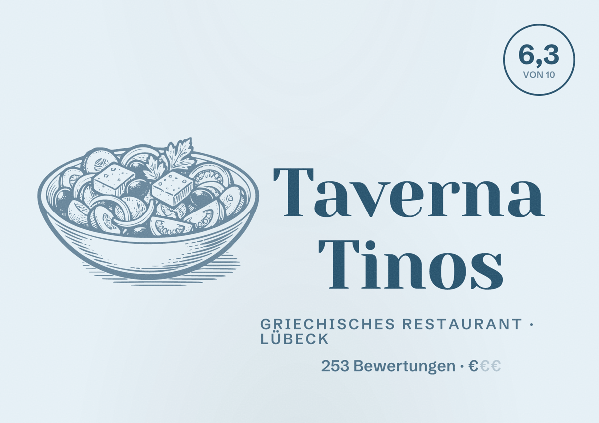 Illustriertes Poster von Taverna Tinos, Griechisches Restaurant in Lübeck: Bewertung 6,3 von 10 aus 253 Bewertungen, Preisniveau €