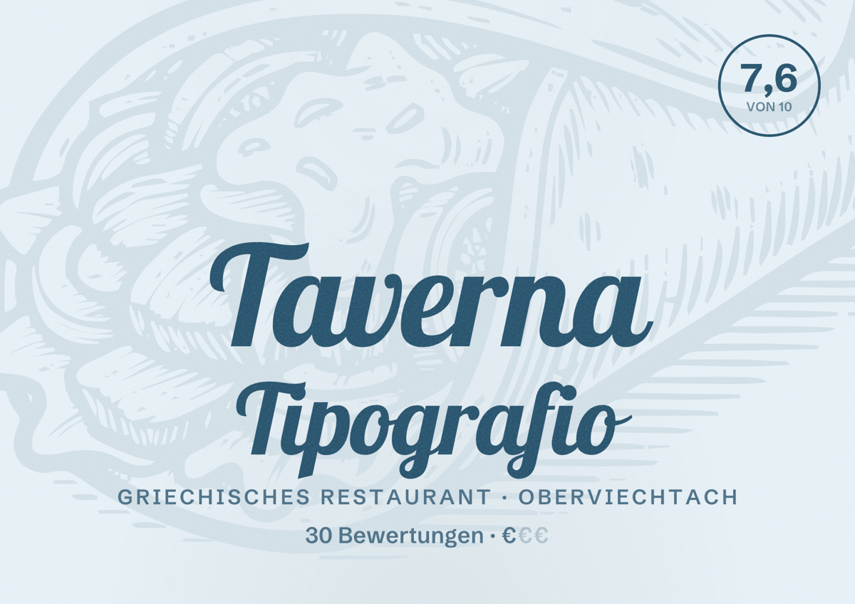 Illustriertes Poster von Taverna Tipografio, Griechisches Restaurant in Oberviechtach: Bewertung 7,6 von 10 aus 30 Bewertungen, Preisniveau €