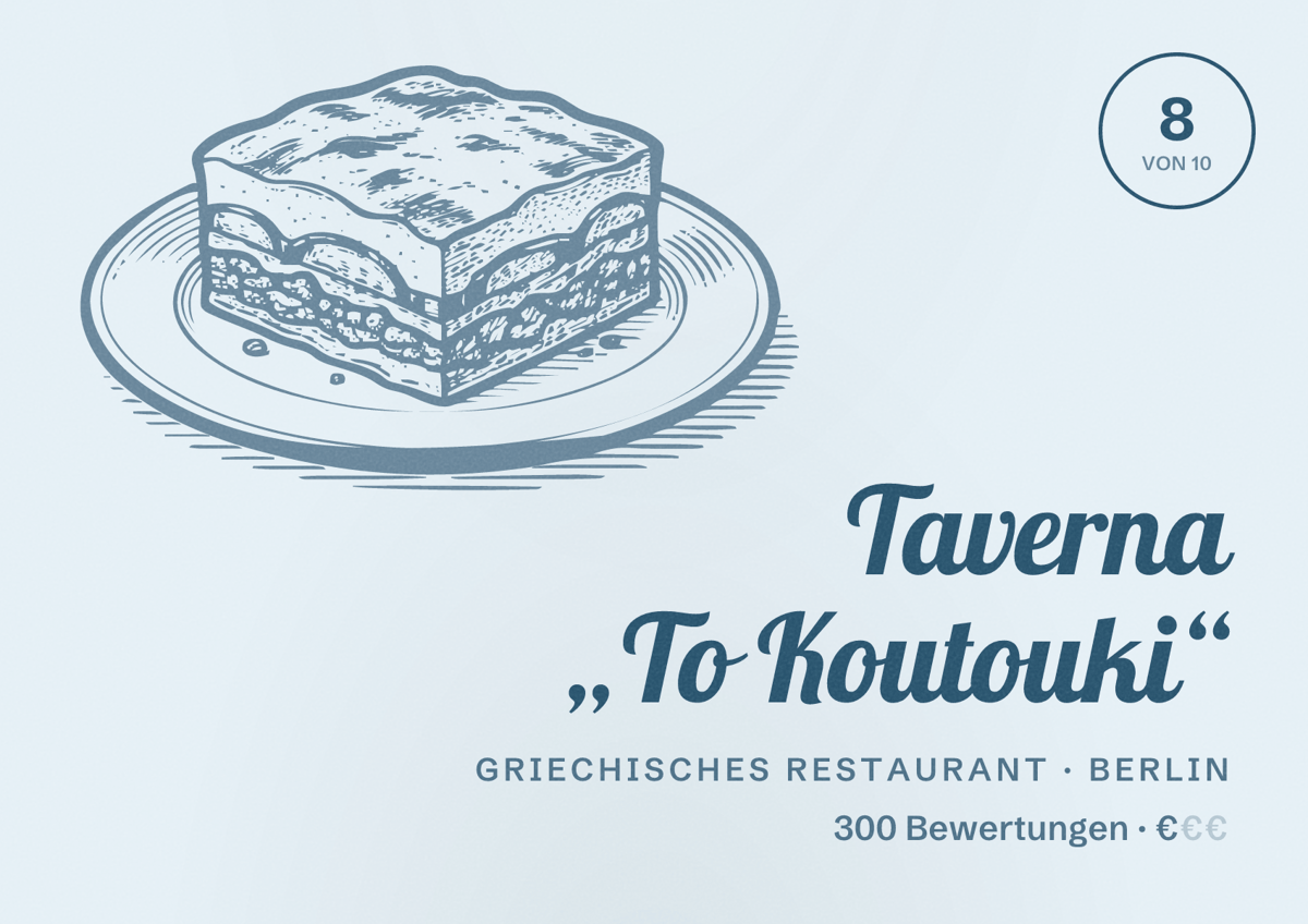 Illustriertes Poster von Taverna „To Koutouki“, Griechisches Restaurant in Berlin: Bewertung 8 von 10 aus 300 Bewertungen, Preisniveau €
