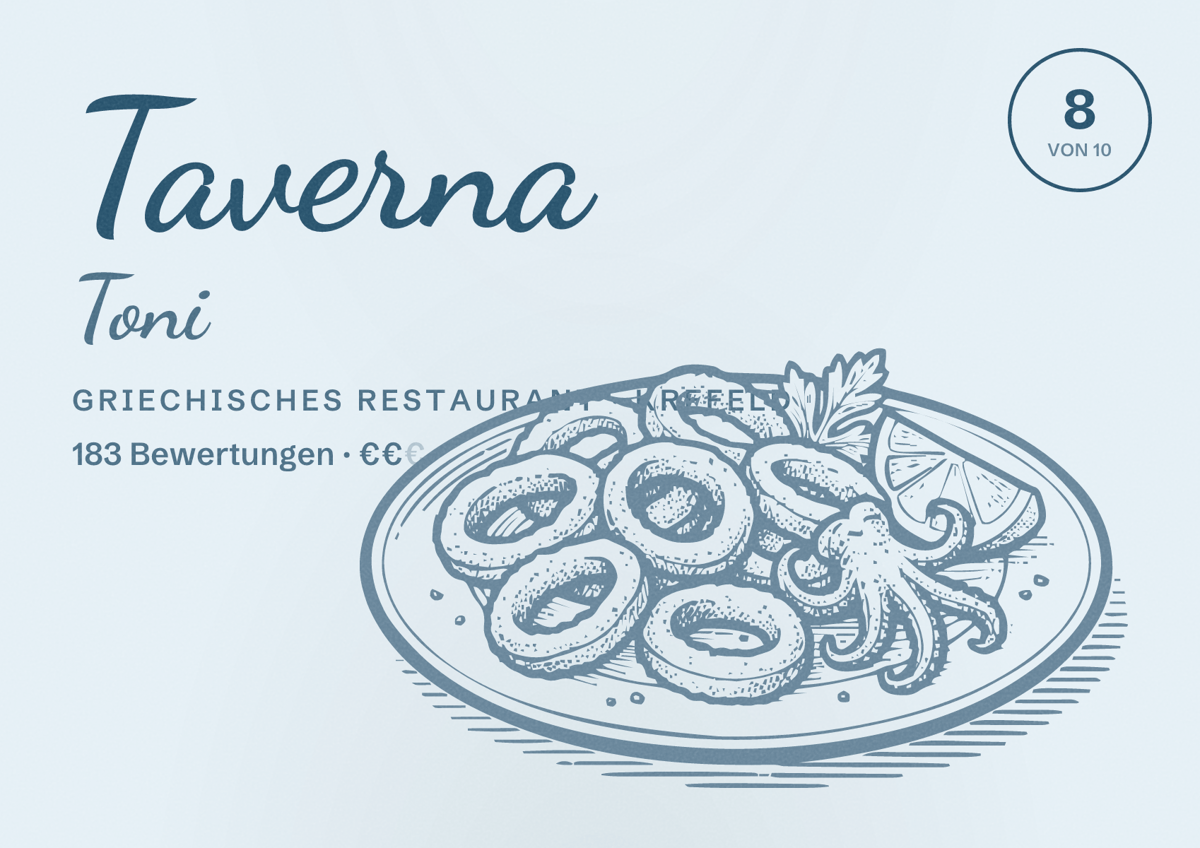 Illustriertes Poster von Taverna Toni, Griechisches Restaurant in Krefeld: Bewertung 8 von 10 aus 183 Bewertungen, Preisniveau €€