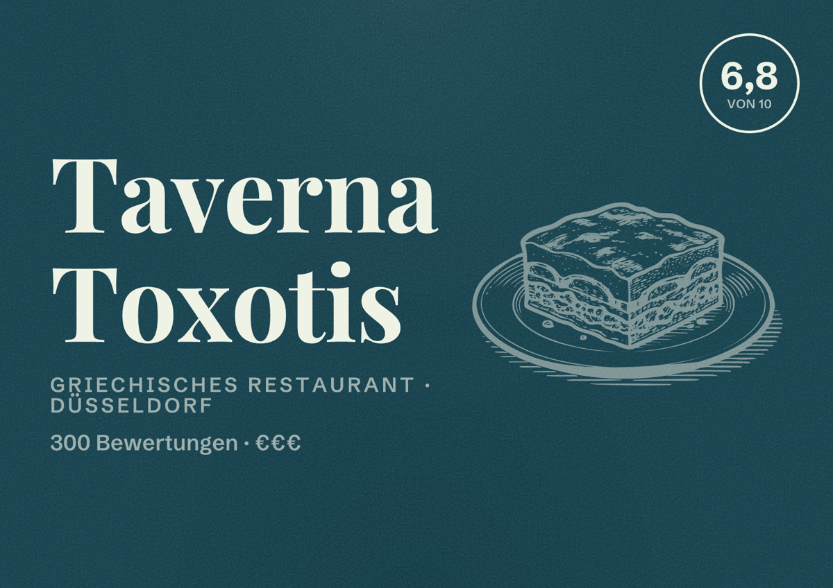 Illustriertes Poster von Taverna Toxotis, Griechisches Restaurant in Düsseldorf: Bewertung 6,8 von 10 aus 300 Bewertungen, Preisniveau €€€