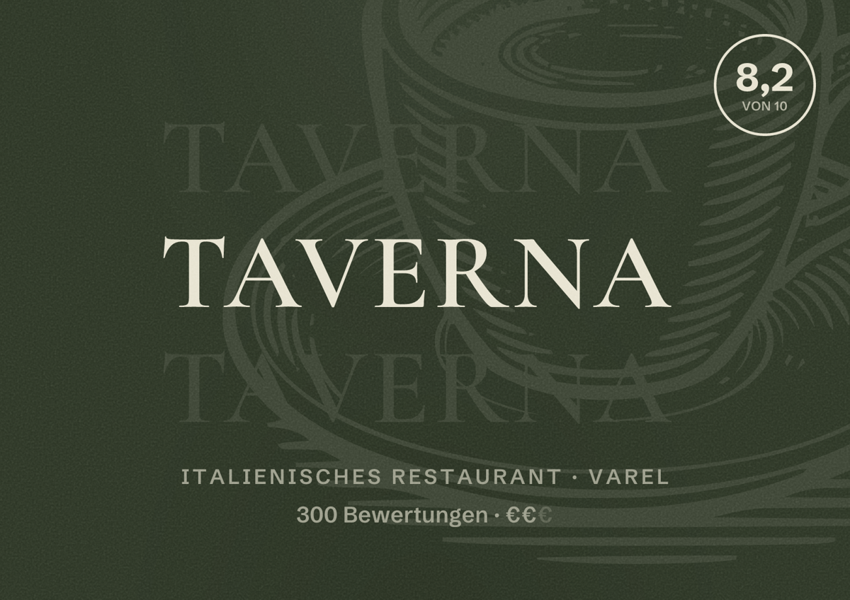 Illustriertes Poster von Taverna, Italienisches Restaurant in Varel: Bewertung 8,2 von 10 aus 300 Bewertungen, Preisniveau €€