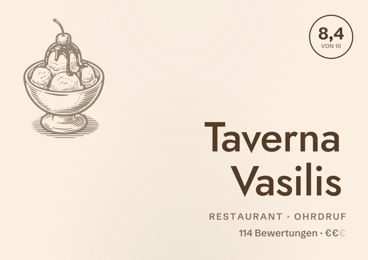 Illustriertes Poster von Taverna Vasilis, Restaurant in Ohrdruf: Bewertung 8,4 von 10 aus 114 Bewertungen, Preisniveau €€