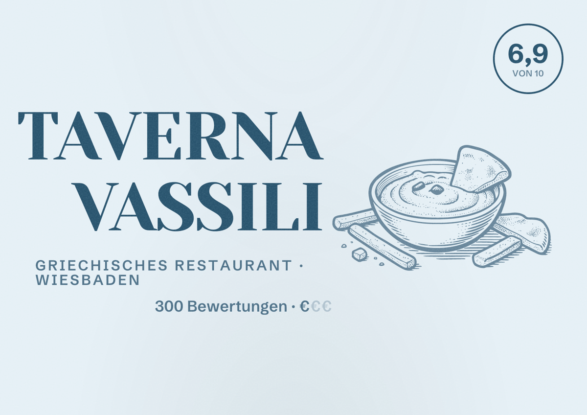 Illustriertes Poster von TAVERNA VASSILI, Griechisches Restaurant in Wiesbaden: Bewertung 6,9 von 10 aus 300 Bewertungen, Preisniveau €