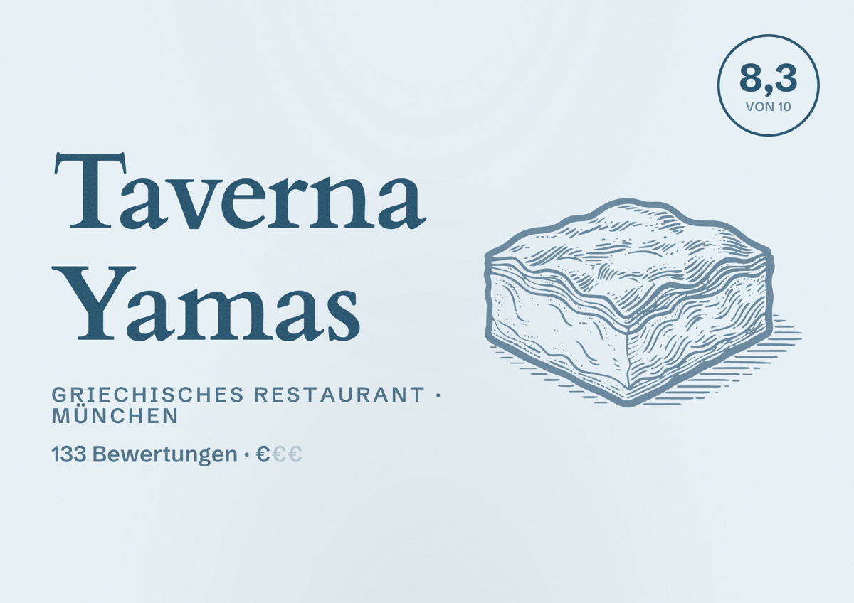 Illustriertes Poster von Taverna Yamas, Griechisches Restaurant in München: Bewertung 8,3 von 10 aus 133 Bewertungen, Preisniveau €