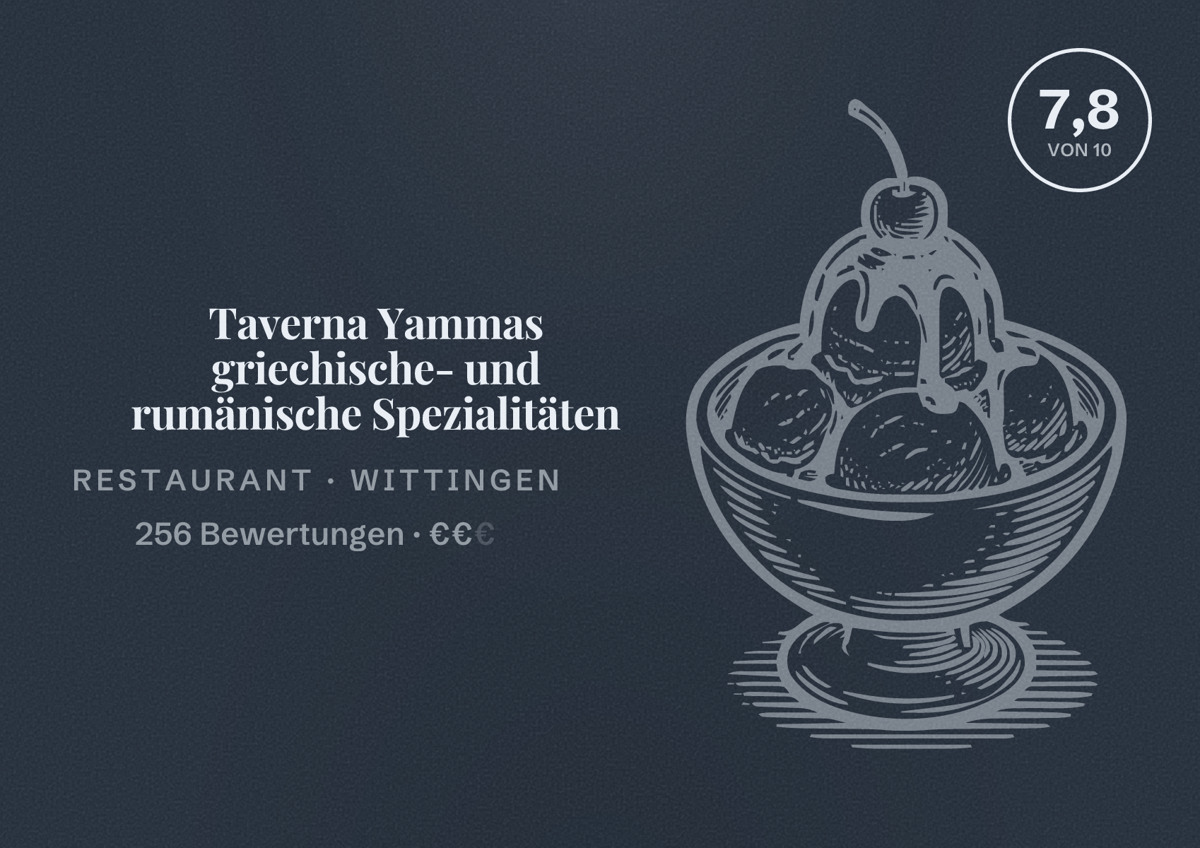 Illustriertes Poster von Taverna Yammas griechische- und rumänische Spezialitäten, Restaurant in Wittingen: Bewertung 7,8 von 10 aus 256 Bewertungen, Preisniveau €€