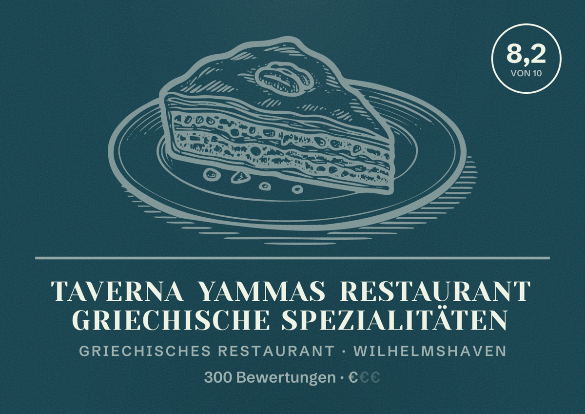 Illustriertes Poster von Taverna Yammas Restaurant griechische Spezialitäten, Griechisches Restaurant in Wilhelmshaven: Bewertung 8,2 von 10 aus 300 Bewertungen, Preisniveau €