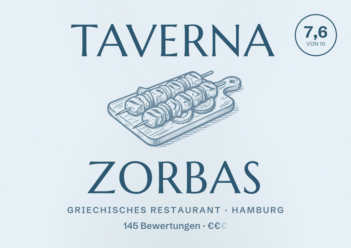 Illustriertes Poster von Taverna Zorbas, Griechisches Restaurant in Hamburg: Bewertung 7,6 von 10 aus 145 Bewertungen, Preisniveau €€
