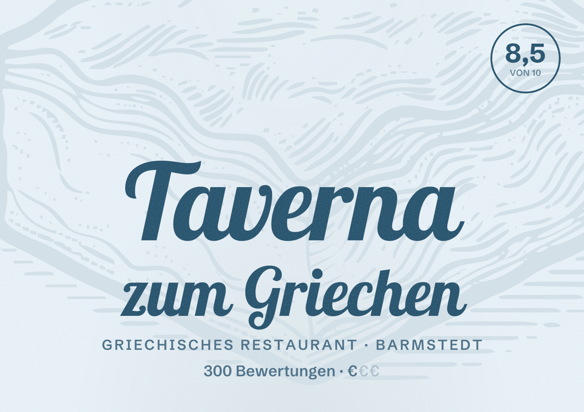 Illustriertes Poster von Taverna zum Griechen, Griechisches Restaurant in Barmstedt: Bewertung 8,5 von 10 aus 300 Bewertungen, Preisniveau €