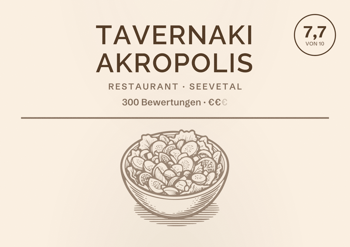 Illustriertes Poster von TAVERNAKI AKROPOLIS, Restaurant in Seevetal: Bewertung 7,7 von 10 aus 300 Bewertungen, Preisniveau €€