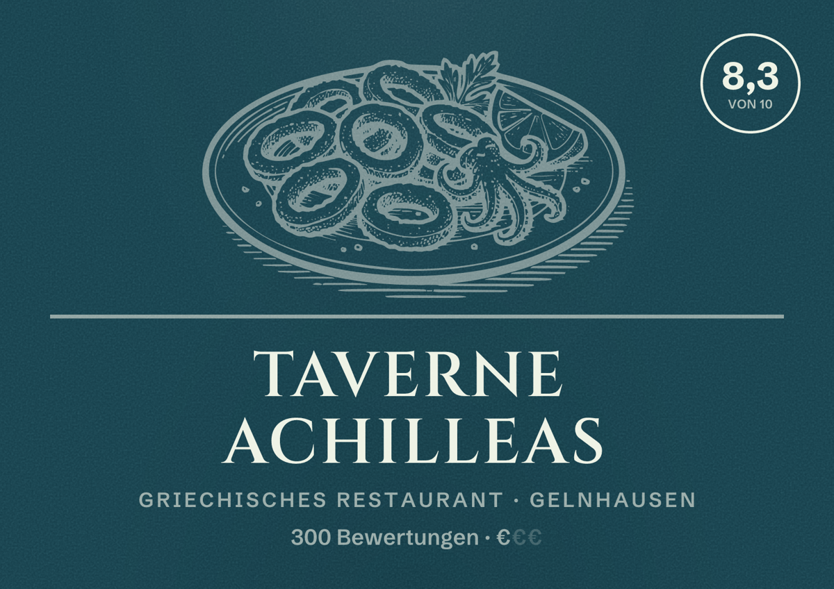 Illustriertes Poster von Taverne Achilleas, Griechisches Restaurant in Gelnhausen: Bewertung 8,3 von 10 aus 300 Bewertungen, Preisniveau €