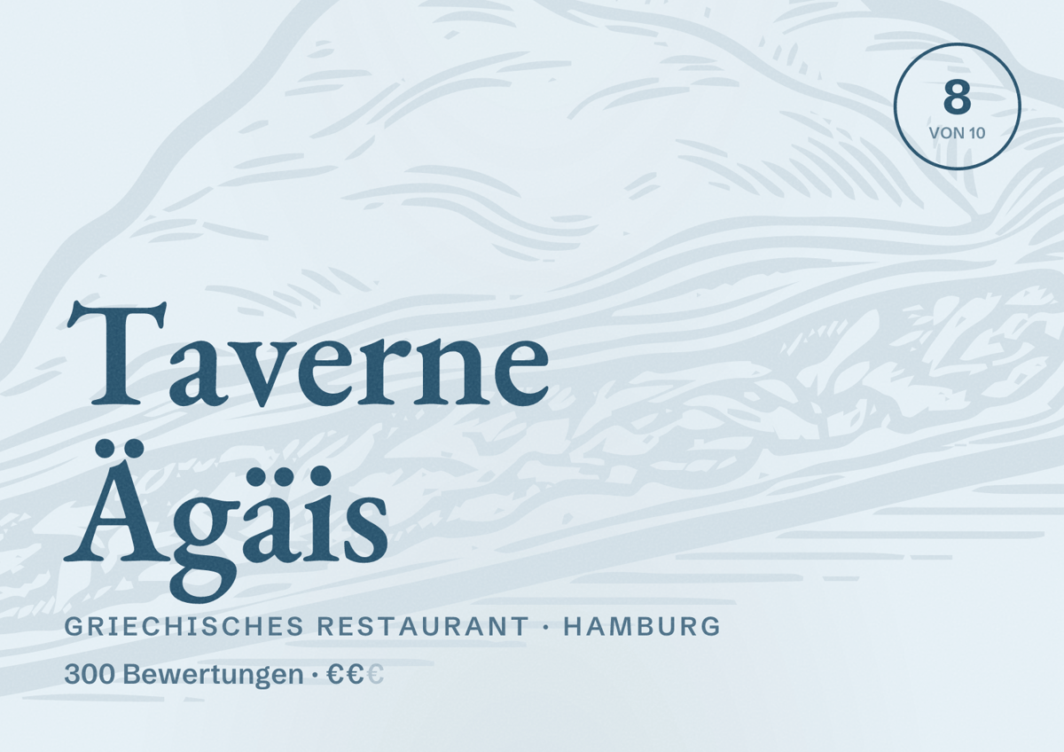 Illustriertes Poster von Taverne Ägäis, Griechisches Restaurant in Hamburg: Bewertung 8,0 von 10 aus 300 Bewertungen, Preisniveau €€