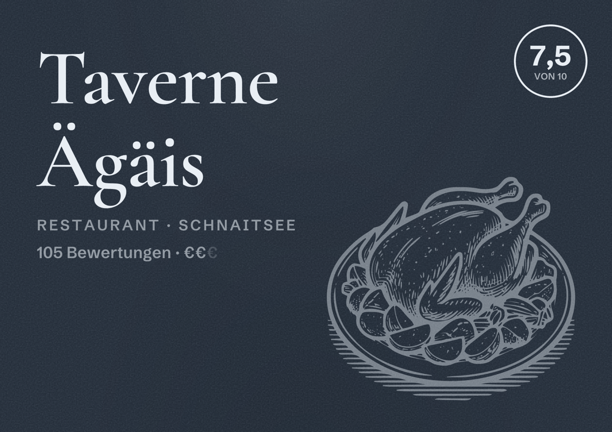 Illustriertes Poster von Taverne Ägäis, Restaurant in Schnaitsee: Bewertung 7,5 von 10 aus 105 Bewertungen, Preisniveau €€