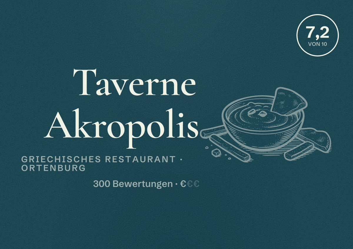 Illustriertes Poster von Taverne Akropolis, Griechisches Restaurant in Ortenburg: Bewertung 7,2 von 10 aus 300 Bewertungen, Preisniveau €