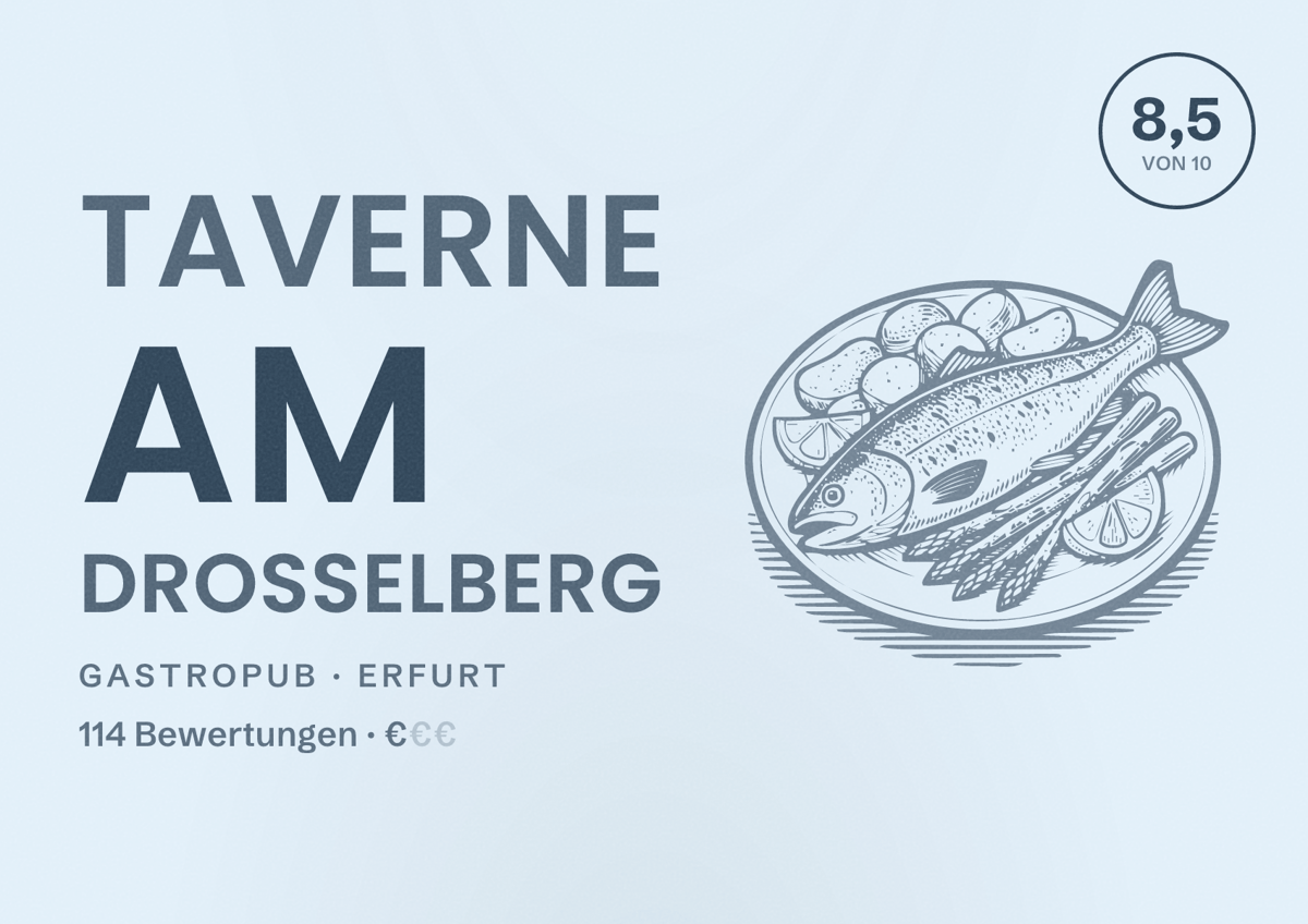 Illustriertes Poster von Taverne am Drosselberg, Gastropub in Erfurt: Bewertung 8,5 von 10 aus 114 Bewertungen, Preisniveau €