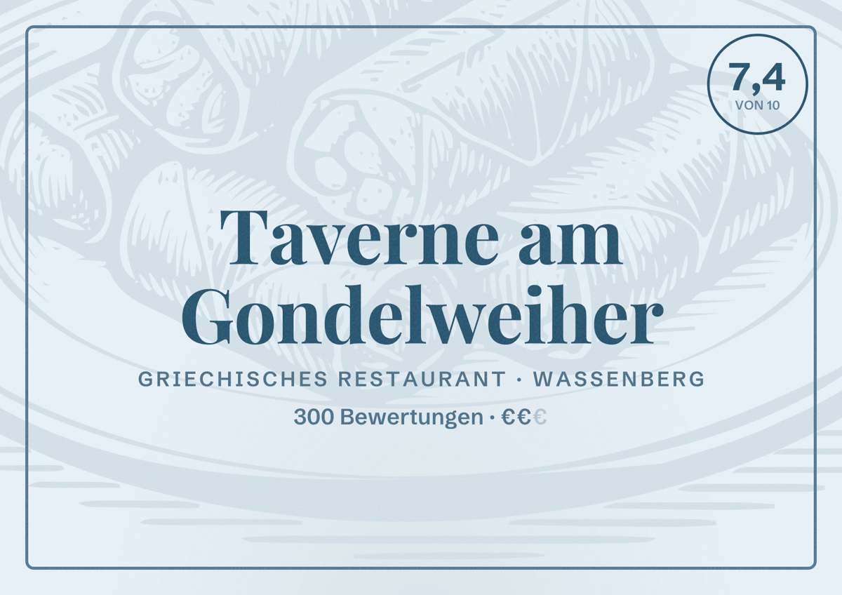 Illustriertes Poster von Taverne am Gondelweiher, Griechisches Restaurant in Wassenberg: Bewertung 7,4 von 10 aus 300 Bewertungen, Preisniveau €€