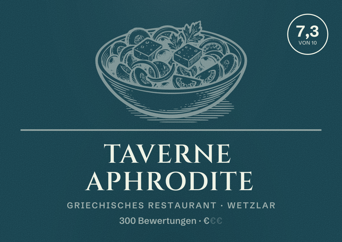 Illustriertes Poster von Taverne Aphrodite, Griechisches Restaurant in Wetzlar: Bewertung 7,3 von 10 aus 300 Bewertungen, Preisniveau €