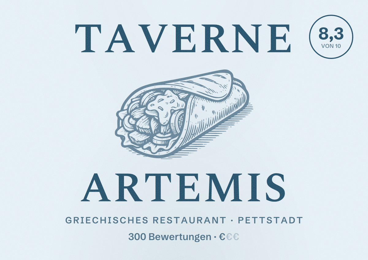 Illustriertes Poster von Taverne Artemis, Griechisches Restaurant in Pettstadt: Bewertung 8,3 von 10 aus 300 Bewertungen, Preisniveau €