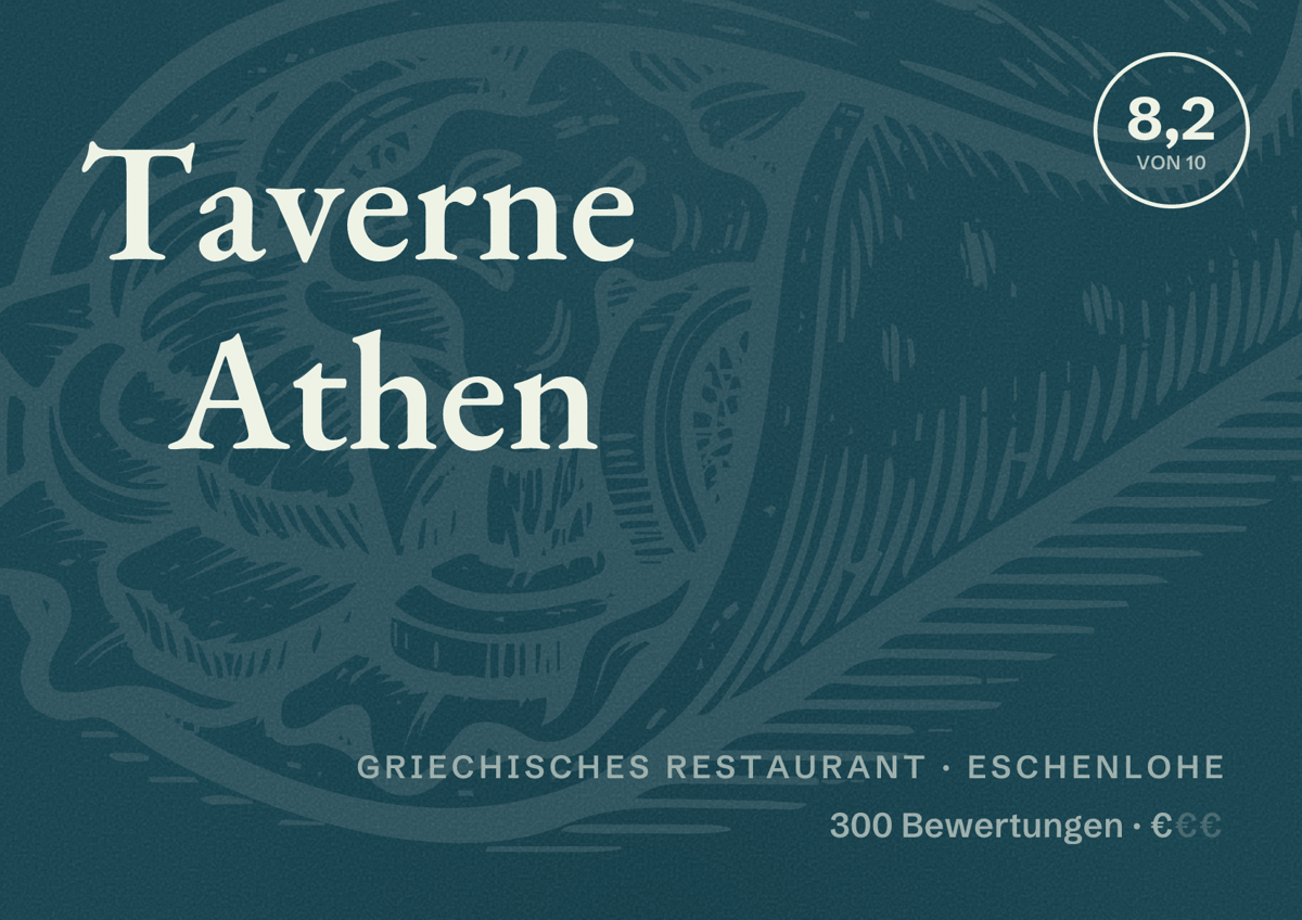 Illustriertes Poster von Taverne Athen, Griechisches Restaurant in Eschenlohe: Bewertung 8,2 von 10 aus 300 Bewertungen, Preisniveau €