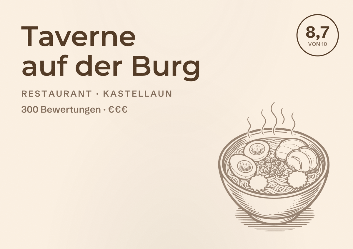 Illustriertes Poster von Taverne auf der Burg, Restaurant in Kastellaun: Bewertung 8,7 von 10 aus 300 Bewertungen, Preisniveau €€€