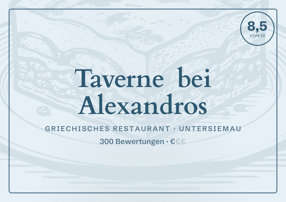 Illustriertes Poster von Taverne bei Alexandros, Griechisches Restaurant in Untersiemau: Bewertung 8,5 von 10 aus 300 Bewertungen, Preisniveau €