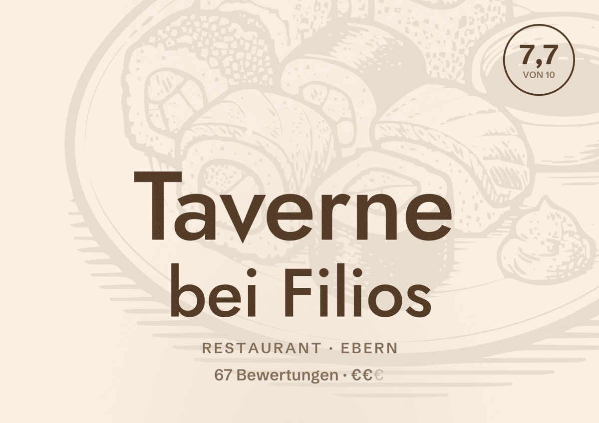 Illustriertes Poster von Taverne bei Filios, Restaurant in Ebern: Bewertung 7,7 von 10 aus 67 Bewertungen, Preisniveau €€