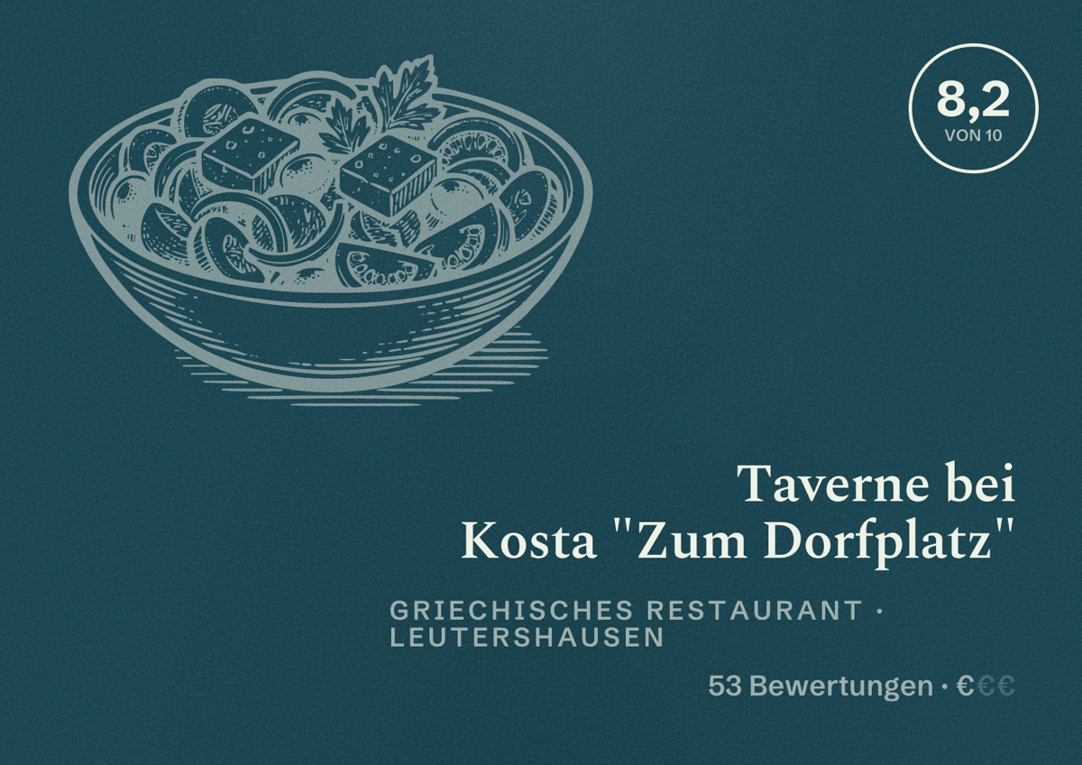 Illustriertes Poster von Taverne bei Kosta "Zum Dorfplatz", Griechisches Restaurant in Leutershausen: Bewertung 8,2 von 10 aus 53 Bewertungen, Preisniveau €