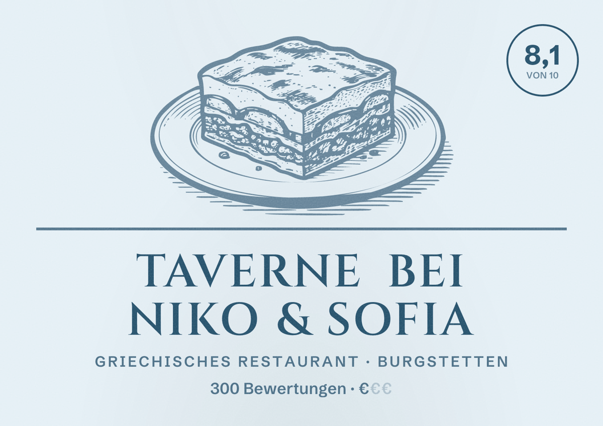 Illustriertes Poster von Taverne bei Niko & Sofia, Griechisches Restaurant in Burgstetten: Bewertung 8,1 von 10 aus 300 Bewertungen, Preisniveau €