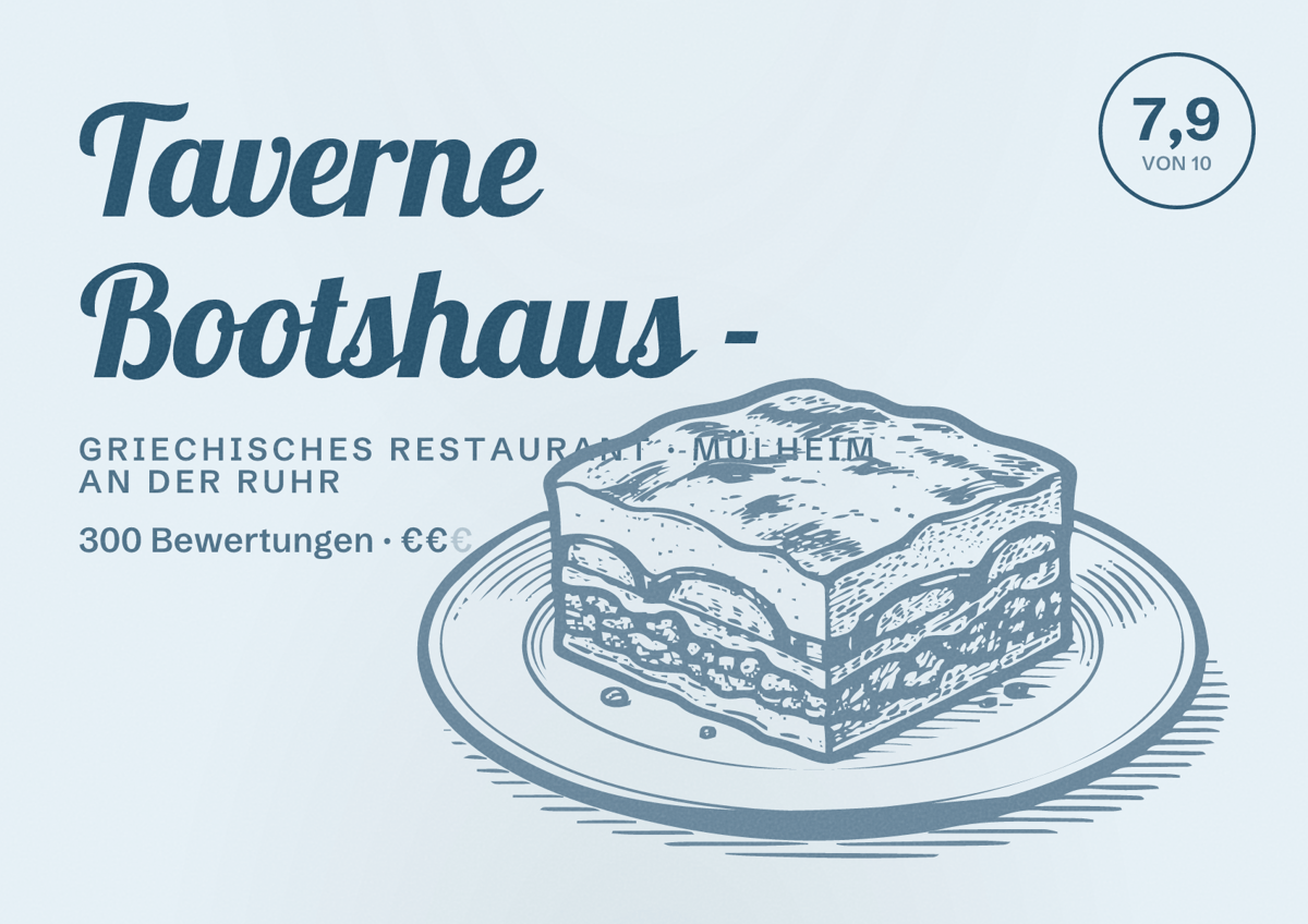 Illustriertes Poster von Taverne Bootshaus -, Griechisches Restaurant in Mülheim an der Ruhr: Bewertung 7,9 von 10 aus 300 Bewertungen, Preisniveau €€