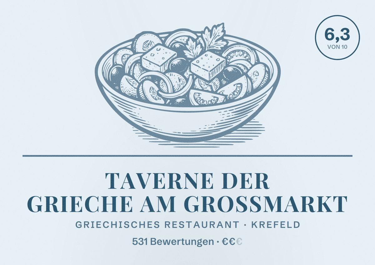 Illustriertes Poster von Taverne Der Grieche am Großmarkt, Griechisches Restaurant in Krefeld: Bewertung 6,3 von 10 aus 531 Bewertungen, Preisniveau €€