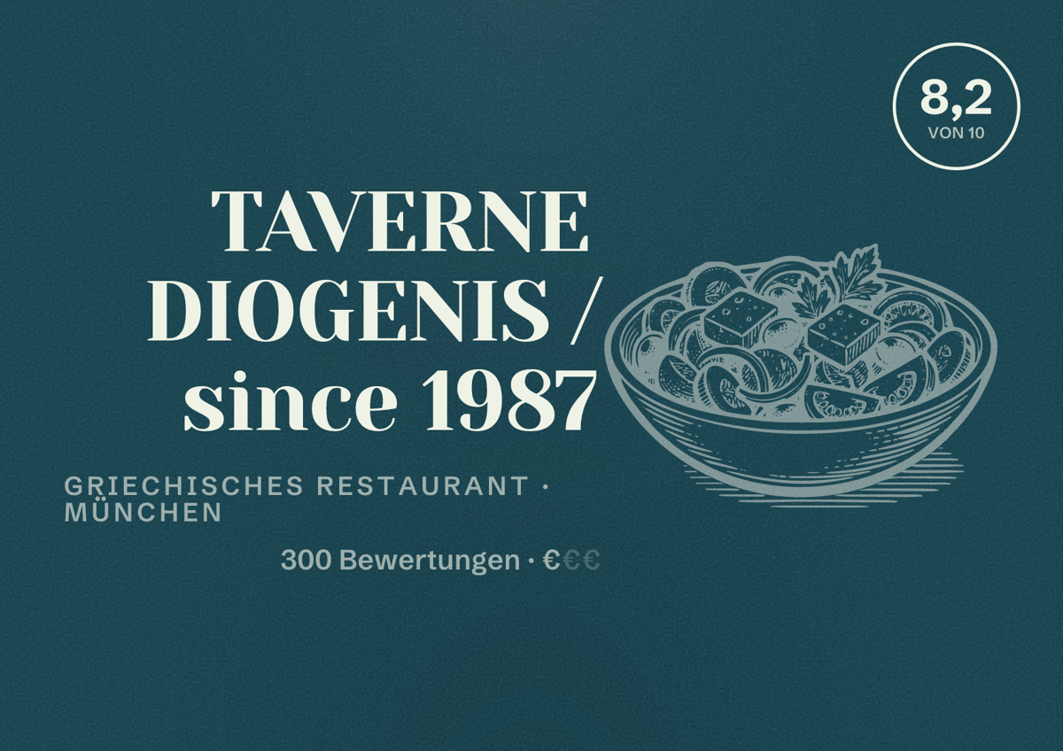 Illustriertes Poster von TAVERNE DIOGENIS / since 1987, Griechisches Restaurant in München: Bewertung 8,2 von 10 aus 300 Bewertungen, Preisniveau €