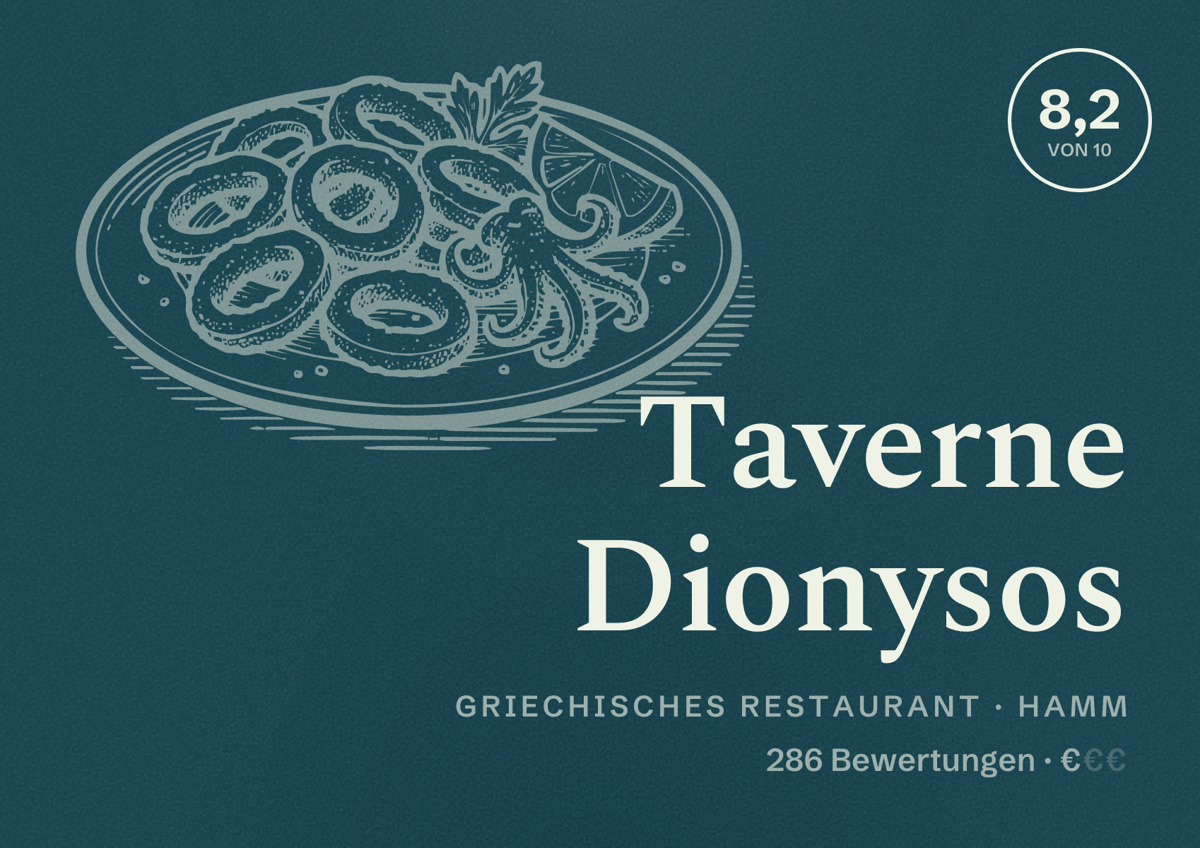 Illustriertes Poster von Taverne Dionysos, Griechisches Restaurant in Hamm: Bewertung 8,2 von 10 aus 286 Bewertungen, Preisniveau €