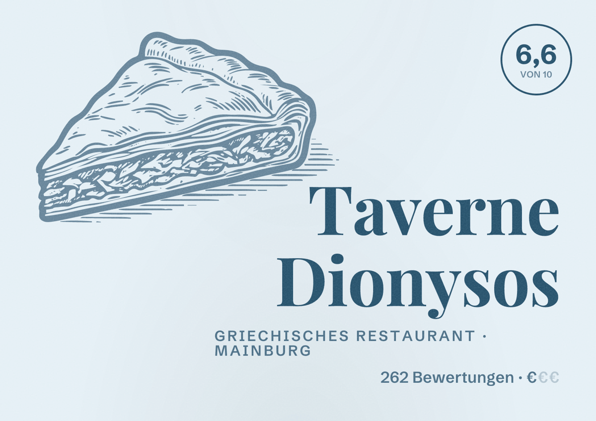 Illustriertes Poster von Taverne Dionysos, Griechisches Restaurant in Mainburg: Bewertung 6,6 von 10 aus 262 Bewertungen, Preisniveau €