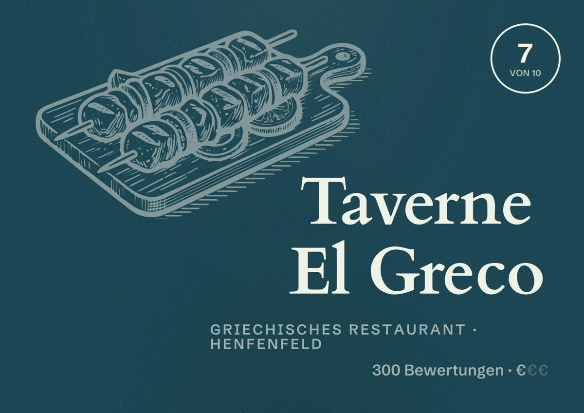 Illustriertes Poster von Taverne El Greco, Griechisches Restaurant in Henfenfeld: Bewertung 7 von 10 aus 300 Bewertungen, Preisniveau €