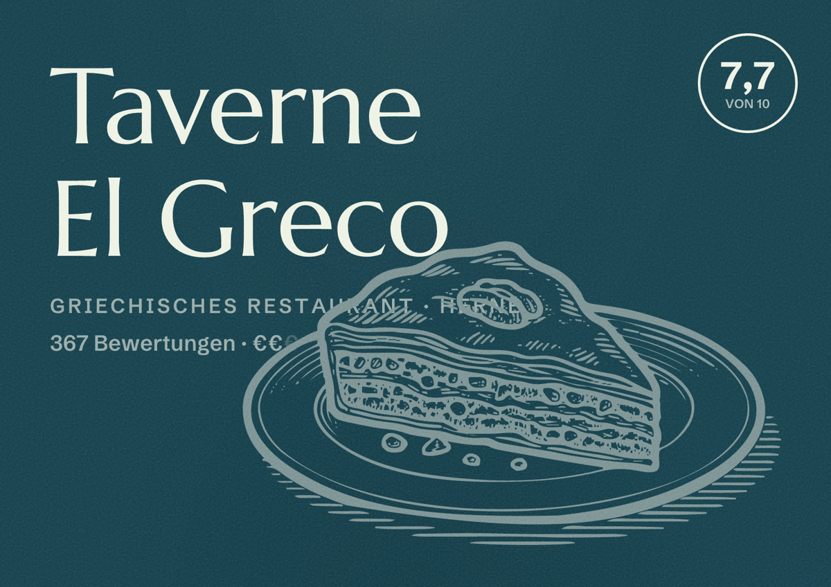 Illustriertes Poster von Taverne El Greco, Griechisches Restaurant in Herne: Bewertung 7,7 von 10 aus 367 Bewertungen, Preisniveau €€