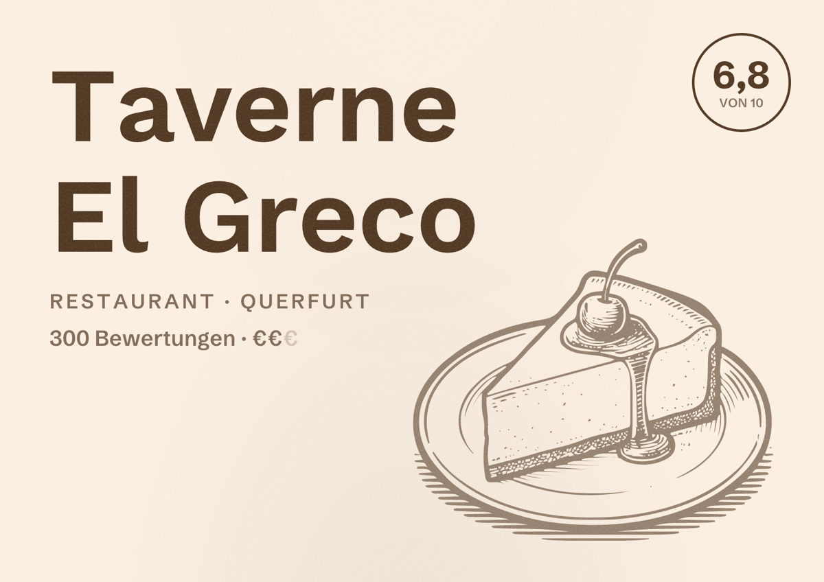 Illustriertes Poster von Taverne El Greco, Restaurant in Querfurt: Bewertung 6,8 von 10 aus 300 Bewertungen, Preisniveau €€