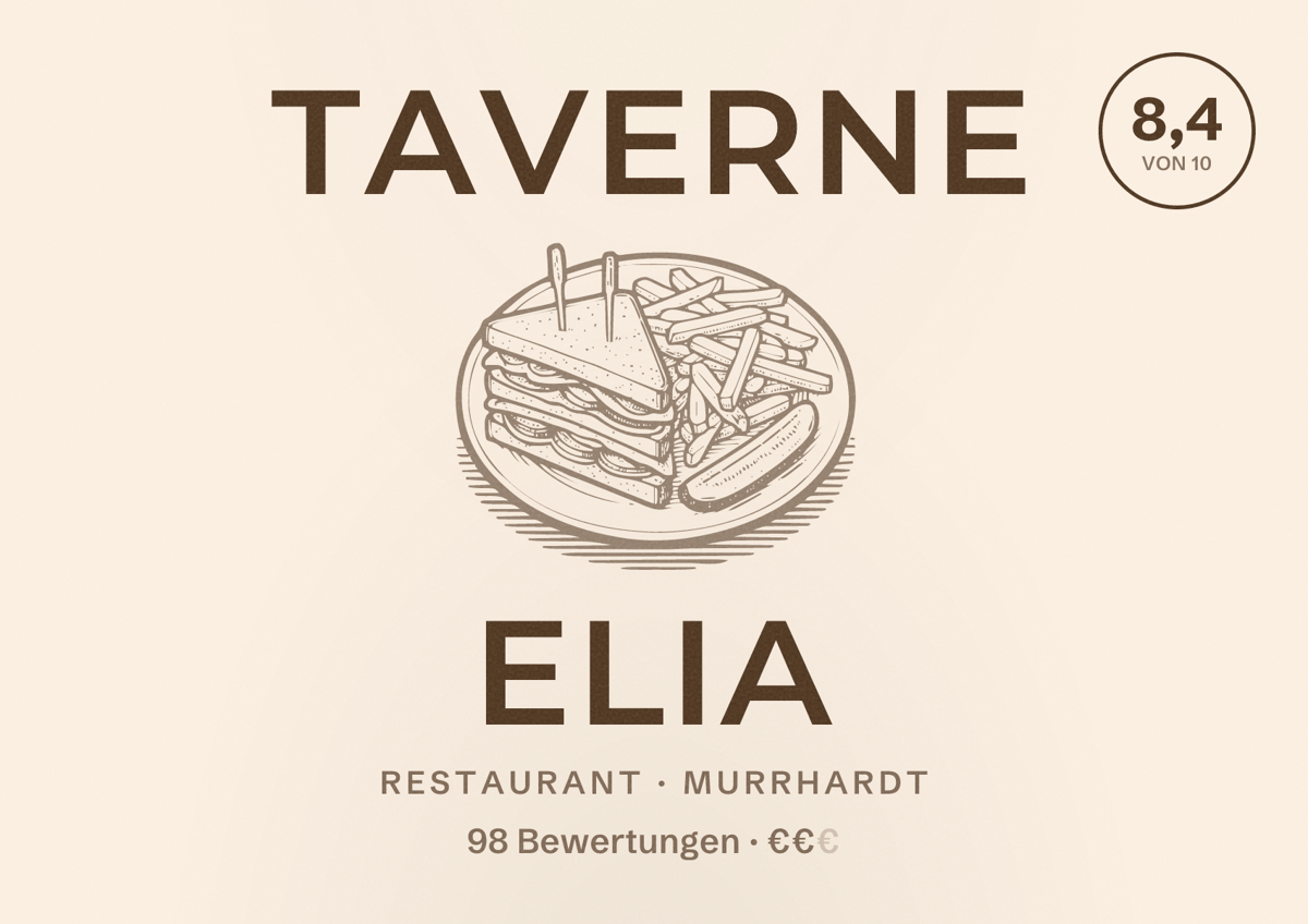 Illustriertes Poster von Taverne Elia, Restaurant in Murrhardt: Bewertung 8,4 von 10 aus 98 Bewertungen, Preisniveau €€
