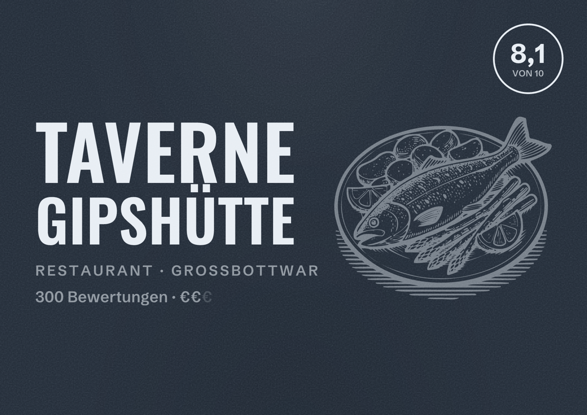 Illustriertes Poster von Taverne Gipshütte, Restaurant in Großbottwar: Bewertung 8,1 von 10 aus 300 Bewertungen, Preisniveau €€