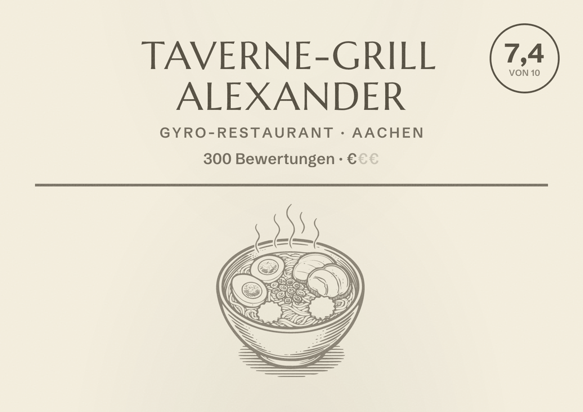 Illustriertes Poster von Taverne-Grill Alexander, Gyro-Restaurant in Aachen: Bewertung 7,4 von 10 aus 300 Bewertungen, Preisniveau €