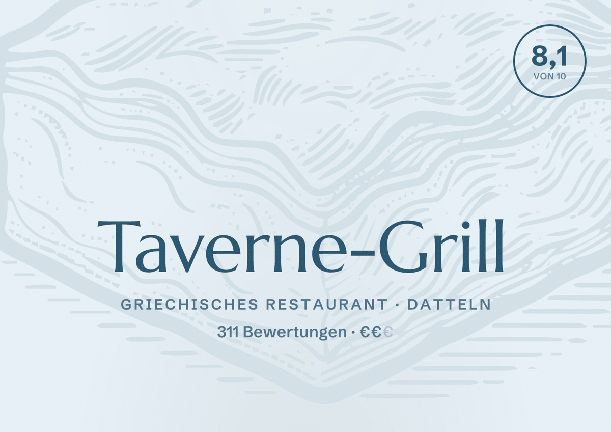 Illustriertes Poster von Taverne-Grill, Griechisches Restaurant in Datteln: Gästebewertung 8,1 von 10 aus 311 Bewertungen