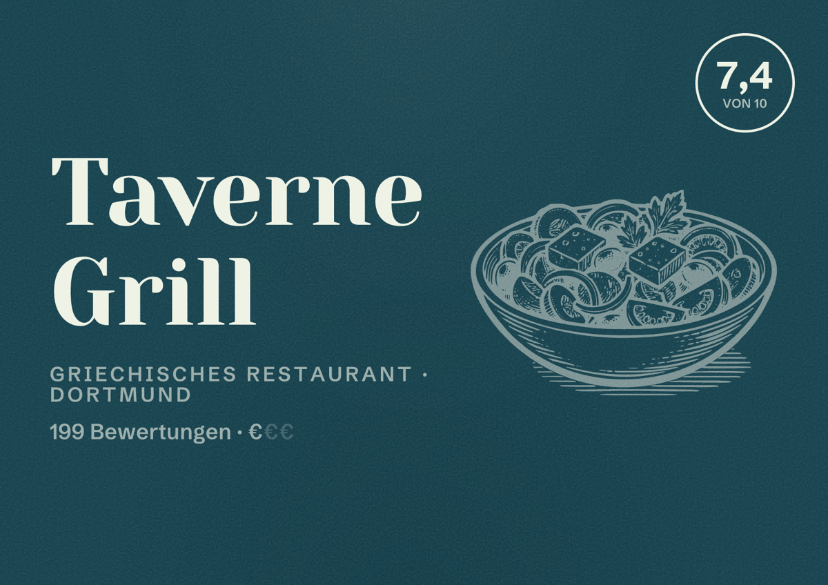 Illustriertes Poster von Taverne Grill, Griechisches Restaurant in Dortmund: Bewertung 7,4 von 10 aus 199 Bewertungen, Preisniveau €