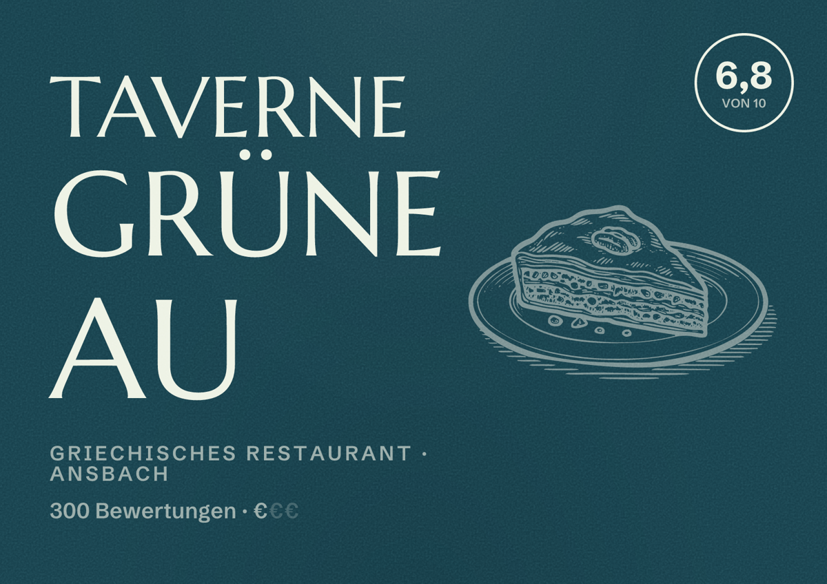 Illustriertes Poster von Taverne Grüne Au, Griechisches Restaurant in Ansbach: Bewertung 6,8 von 10 aus 300 Bewertungen, Preisniveau €