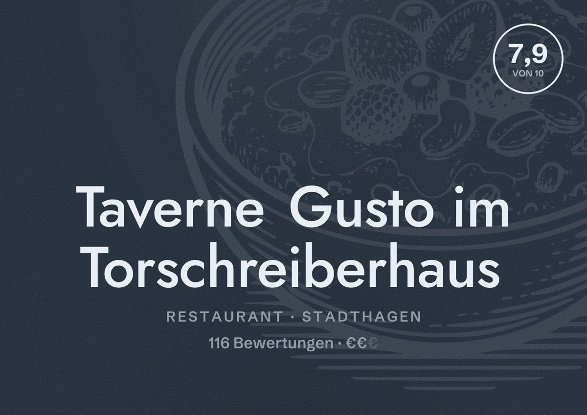 Illustriertes Poster von Taverne Gusto im Torschreiberhaus, Restaurant in Stadthagen: Bewertung 7,9 von 10 aus 116 Bewertungen, Preisniveau €€